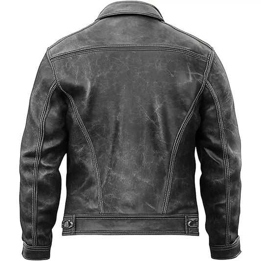 Genuine Distressed Leather Motorcycle Grey Trucker Jacket