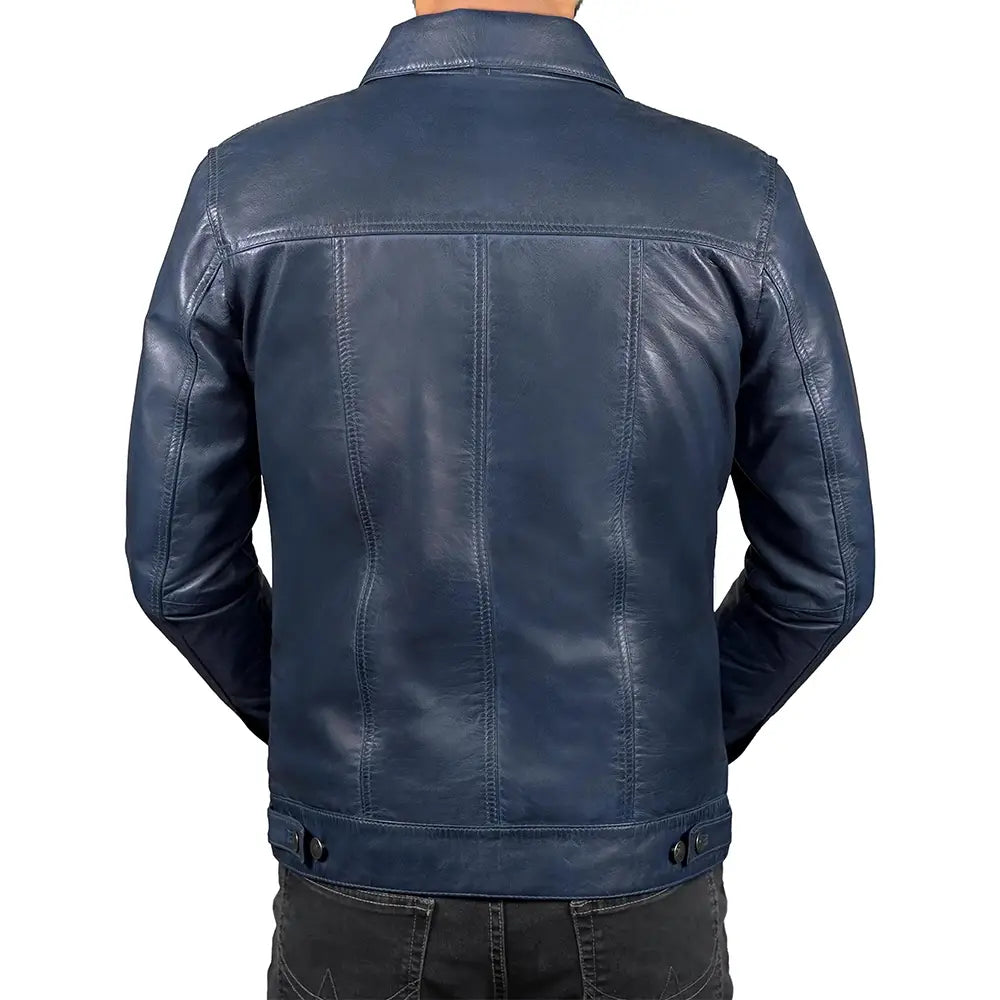 Mens Genuine Distressed Leather Blue Trucker Jacket