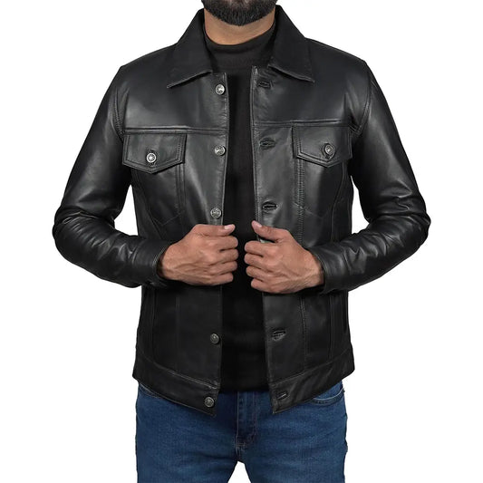 Mens Genuine Distressed Black Motorcycle Trucker Jacket