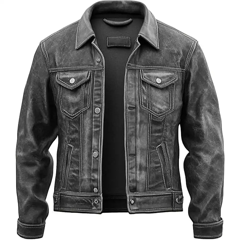 Genuine Distressed Leather Motorcycle Grey Trucker Jacket