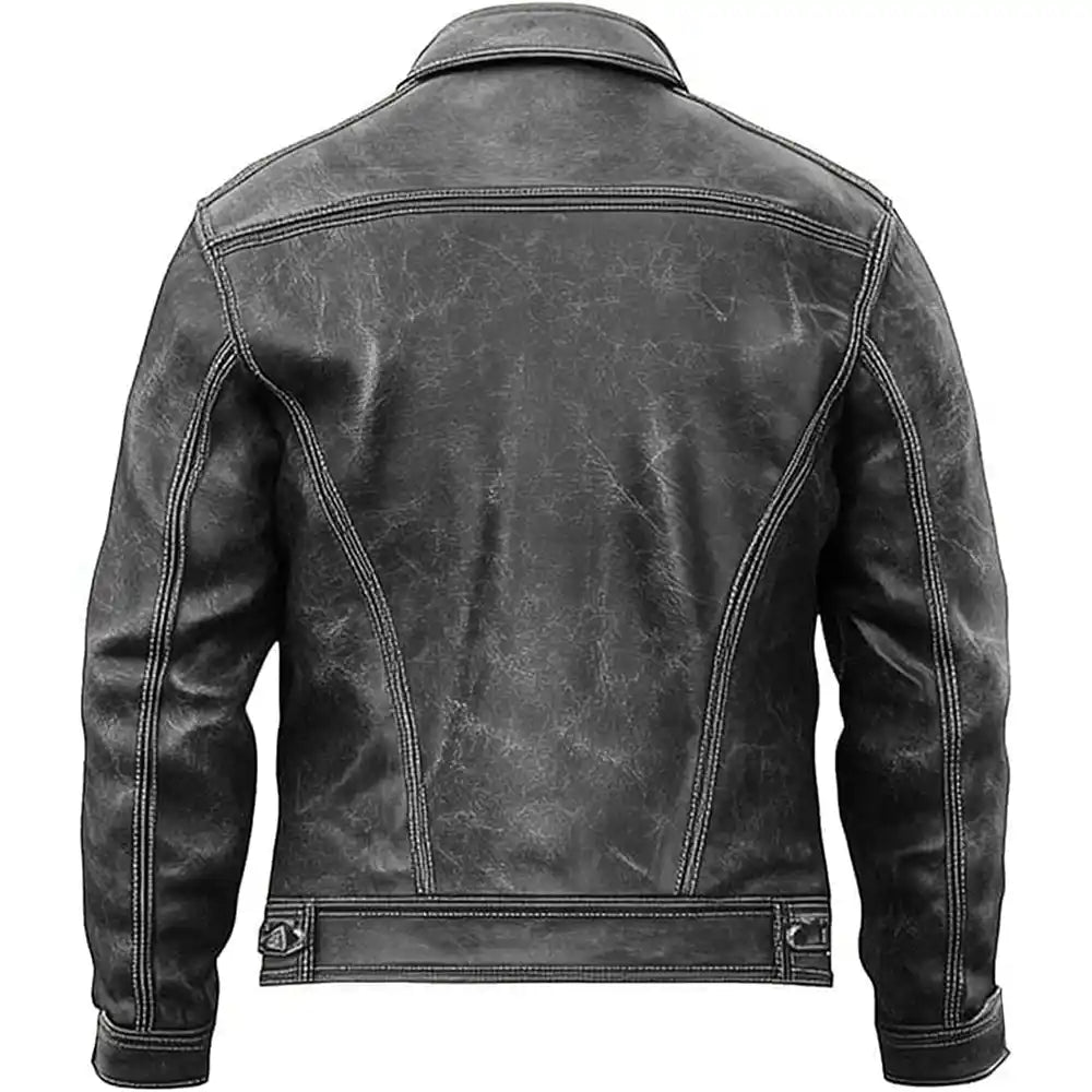 Genuine Distressed Leather Motorcycle Grey Trucker Jacket