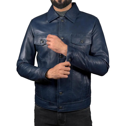 Mens Genuine Distressed Leather Blue Trucker Jacket